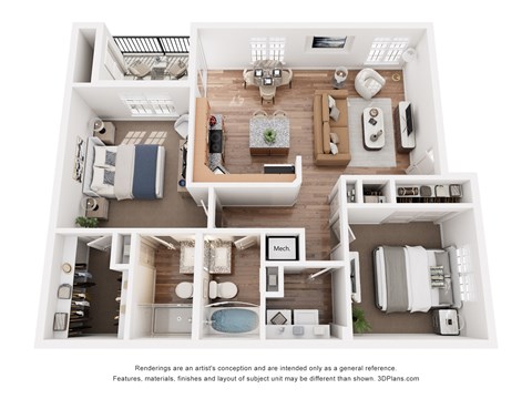 Floor plan for 2 beds, 2 baths, 960 sqft